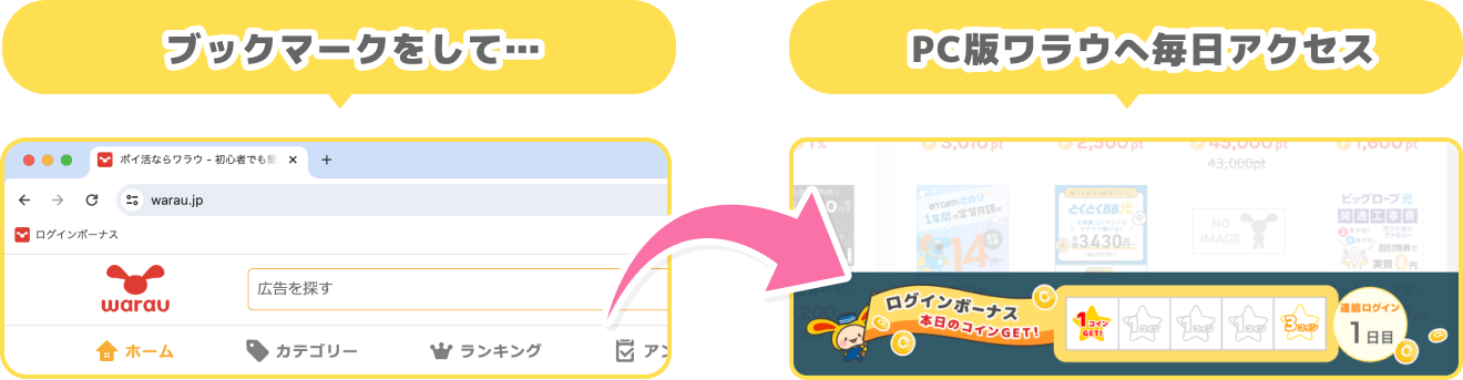 ブックマークをして…PC版ワラウへ毎日アクセス