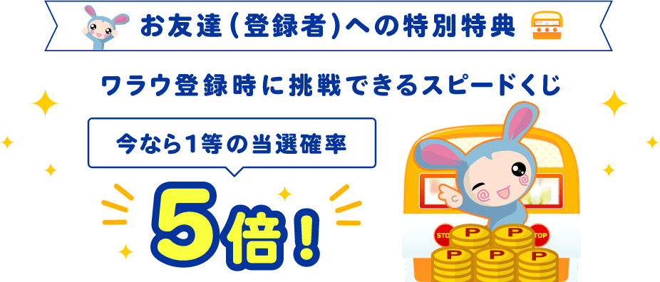 お友達（登録者）への特別特典：ワラウ登録時に挑戦できるスピードくじ1等の当選確率が5倍に！