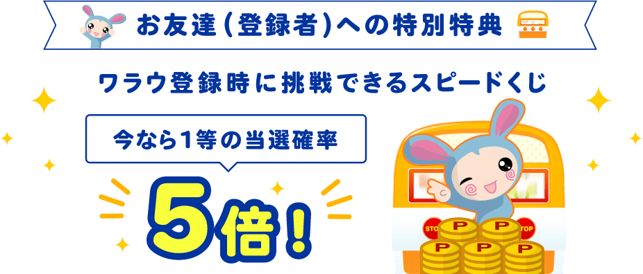 お友達(登録者)への特別特典:ワラウ登録時に挑戦できるスピードくじ1等の当選確率が5倍に!