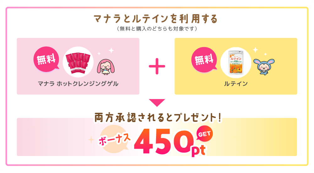 「マナラ ホットクレンジングゲル」と「ルテイン」の両方の広告をご利用いただいた方に、ボーナス450ptプレゼント！