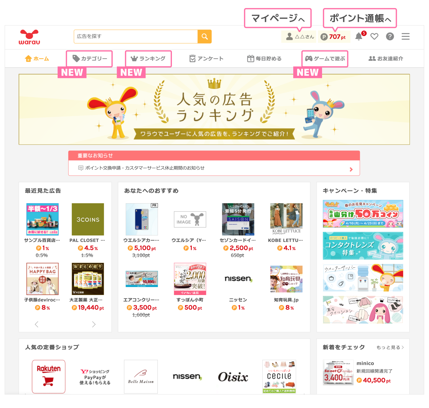 ワラウPC版 リニューアル後トップページ ヘッダーのニックネームクリックでマイページへ、ポイント数クリックでポイント通帳へ