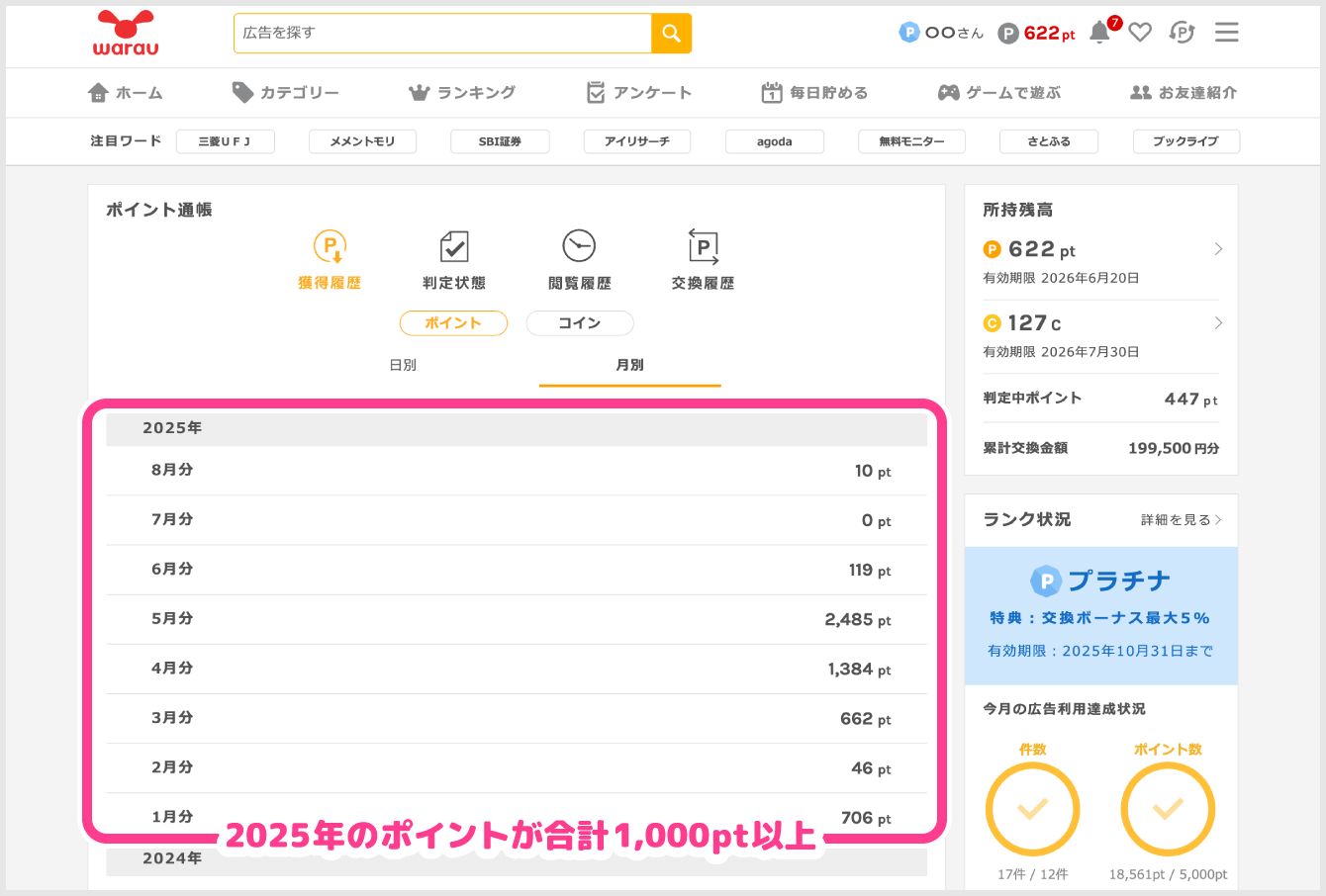 2025年のポイントが合計1,00pt以上