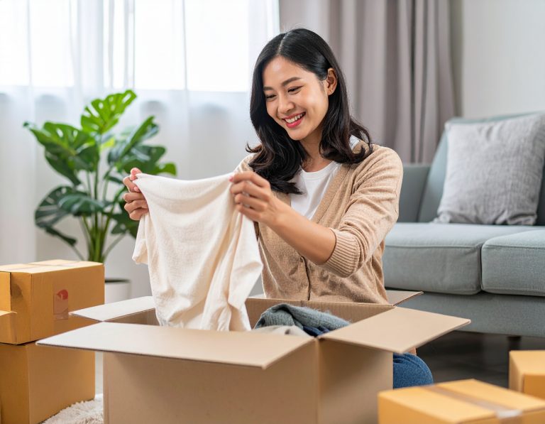 段ボール箱から服を笑顔で取り出している女性