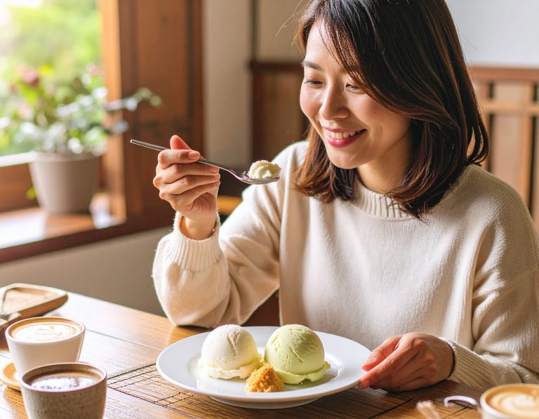 お皿に盛られたアイスを食べている女性