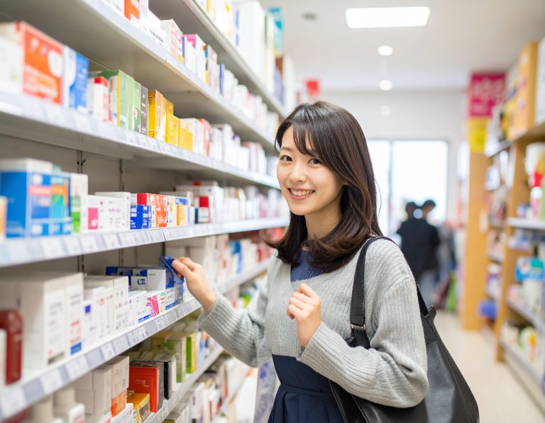 薬局で買い物をしている女性