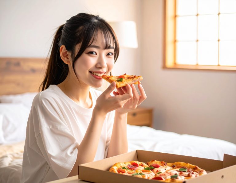 部屋でピザを食べている女性