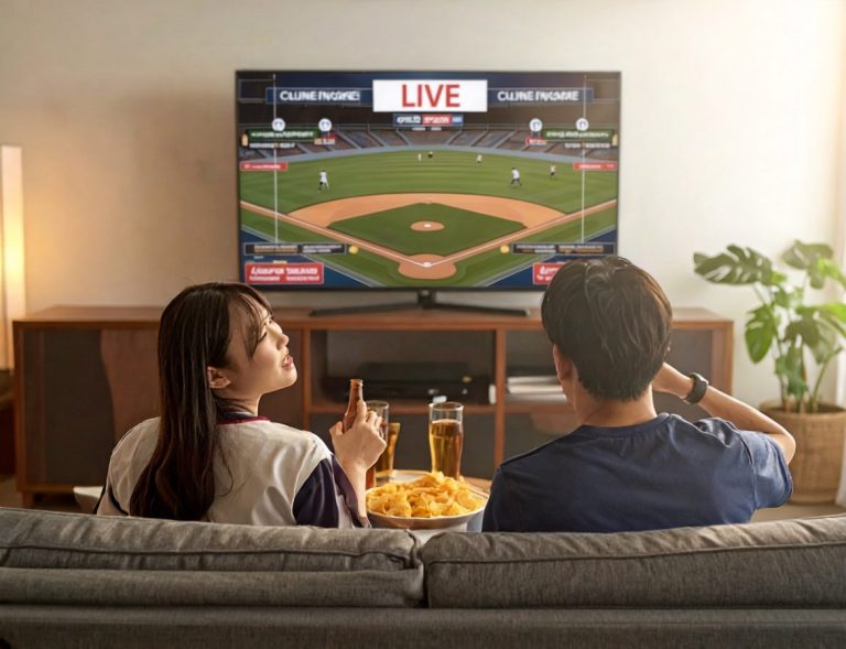 野球の中継を楽しむ男女