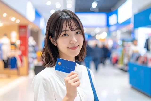 クレジットカードを持つ女性の画像